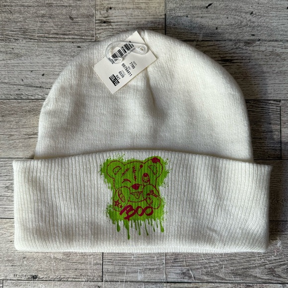 Upcycled, Neon Boo Bear, Knitted Ivory Beanie, Unisex - Picture 8 of 10